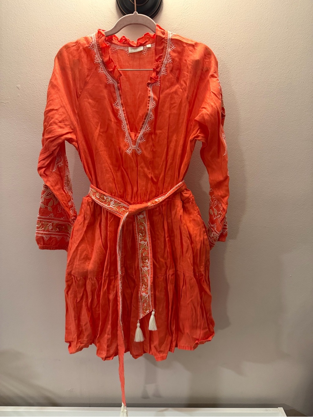 Spartina 449 Embroidered Mini Dress Coral Orange Boho Tassel Belt Medium
